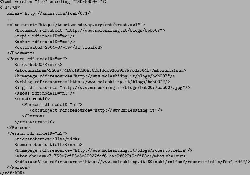 \begin{table}{\tt \begin{tabbing}
&nbsp;&nbsp; \=&nbsp;&nbsp; \=&nbsp;&nbsp; \=&nbsp;&nbsp; \=&nbsp;&nbsp; \\
<?xml version...
...a/foaf.rdf''/> \\
\> </Person> \\
</rdf:RDF> \\
\end{tabbing}}
\end{table}