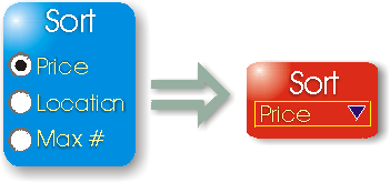 Left, a box with three radio buttons, one selected. Right, a smaller box with a dropdown indicating the current selection.