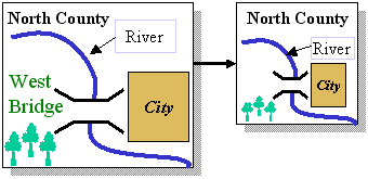 To the left is a large geographical map with a city, a river and a bridge with a name. To the right a smaller version of the map but without the bridge name because there is no space for it.