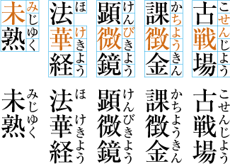熟語ルビの配置例4(前の親文字にルビ文字を掛けた例)