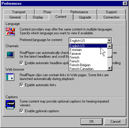 How user selects preferred natural language for captions in Real Player