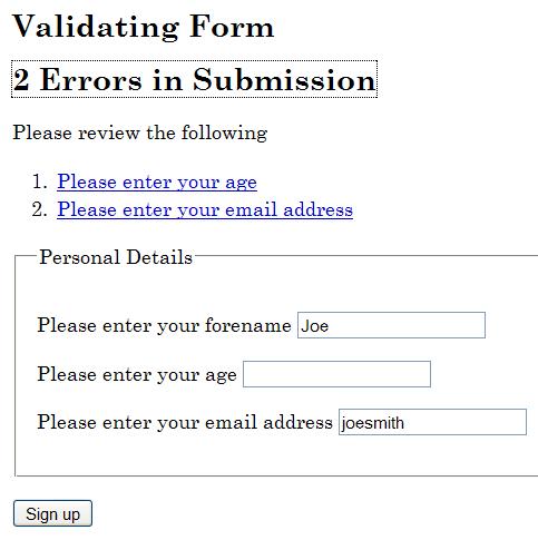 Screenshot showing the error messages for several fields that were not filled out correctly