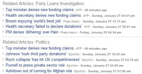 Screenshot of a contexual menu, in this case related news items